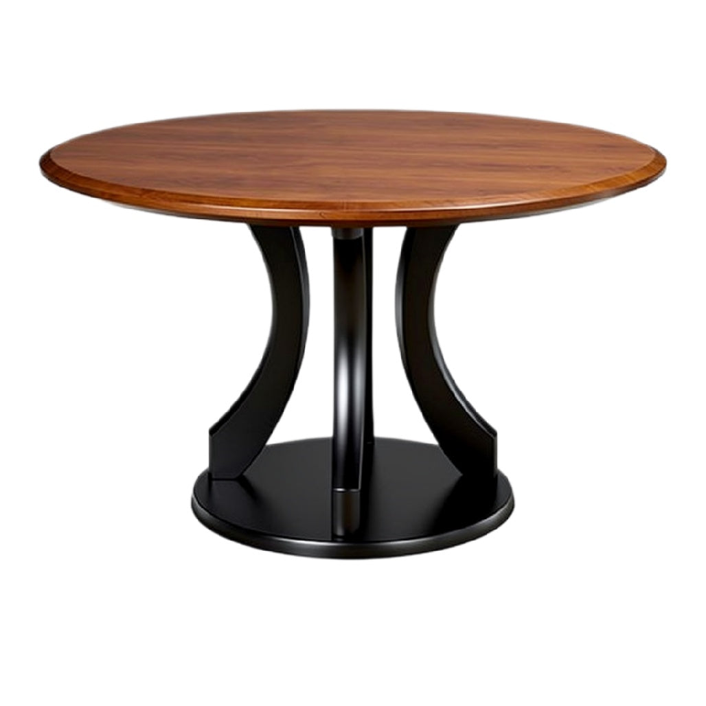 Ronde houten eettafel met zwart metalen onderstel